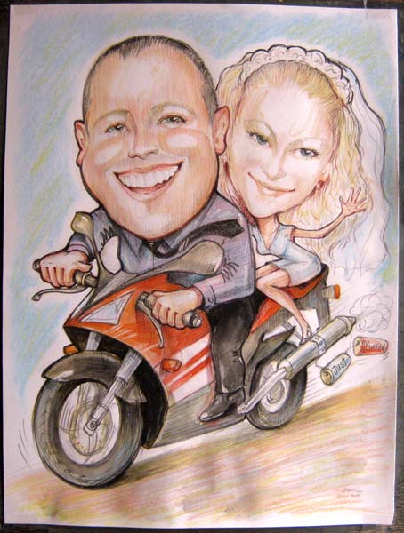 шаржист на свадьбу в Минске шарж по фото мотоциклиста с невестой