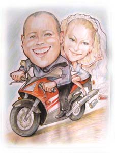 шаржист на свадьбу в Минске мотоциклист с невестой